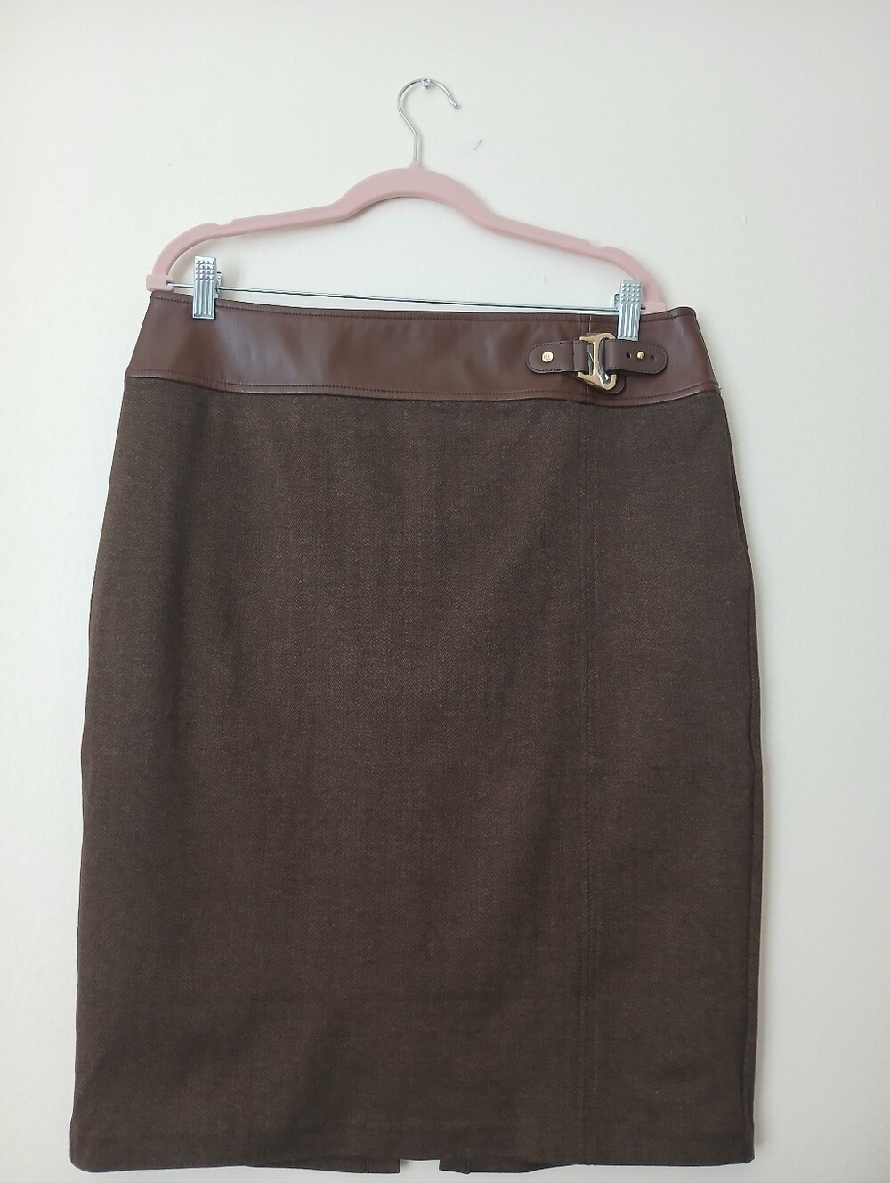 Lauren Ralph Lauren Brown Pencil Skirt Faux Leather Waist Buckle Women's 14